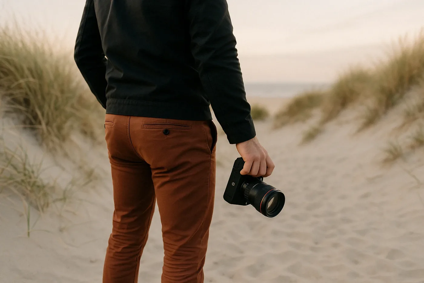 Fotograf mit Kamera in den Dünen an der Nordsee